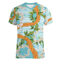 Aloha Festive Hawaii Women V-Neck T-Shirt Mokihana - Maile and Ilima on Turquoise LT7 Female Turquoise - Polynesian Pride