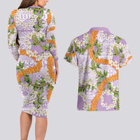Aloha Festive Hawaii Couples Matching Long Sleeve Bodycon Dress and Hawaiian Shirt Mokihana - Maile and Ilima on Lilac LT7 - Polynesian Pride