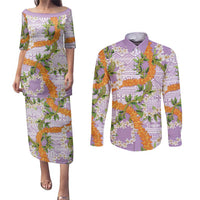 Aloha Festive Hawaii Couples Matching Puletasi and Long Sleeve Button Shirt Mokihana - Maile and Ilima on Lilac LT7 Lilac - Polynesian Pride
