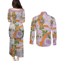 Aloha Festive Hawaii Couples Matching Puletasi and Long Sleeve Button Shirt Mokihana - Maile and Ilima on Lilac LT7 - Polynesian Pride