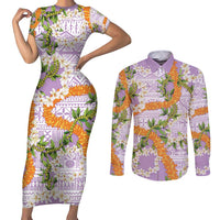 Aloha Festive Hawaii Couples Matching Short Sleeve Bodycon Dress and Long Sleeve Button Shirt Mokihana - Maile and Ilima on Lilac LT7 Lilac - Polynesian Pride