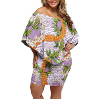 Aloha Festive Hawaii Family Matching Off Shoulder Short Dress and Hawaiian Shirt Mokihana - Maile and Ilima on Lilac LT7 Mom's Dress Lilac - Polynesian Pride