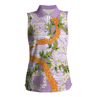 Aloha Festive Hawaii Women Sleeveless Polo Shirt Mokihana - Maile and Ilima on Lilac LT7 Female Lilac - Polynesian Pride