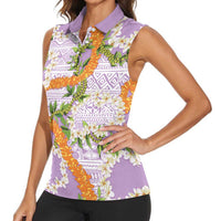 Aloha Festive Hawaii Women Sleeveless Polo Shirt Mokihana - Maile and Ilima on Lilac LT7 - Polynesian Pride