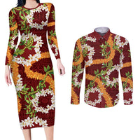 Aloha Festive Hawaii Couples Matching Long Sleeve Bodycon Dress and Long Sleeve Button Shirt Mokihana - Maile and Ilima on Crimson LT7 Crimson - Polynesian Pride