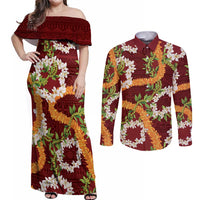 Aloha Festive Hawaii Couples Matching Off Shoulder Maxi Dress and Long Sleeve Button Shirt Mokihana - Maile and Ilima on Crimson LT7 Crimson - Polynesian Pride