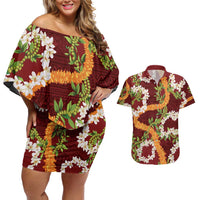 Aloha Festive Hawaii Couples Matching Off Shoulder Short Dress and Hawaiian Shirt Mokihana - Maile and Ilima on Crimson LT7 Crimson - Polynesian Pride