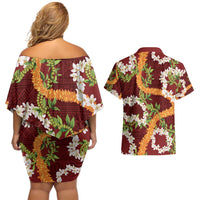 Aloha Festive Hawaii Couples Matching Off Shoulder Short Dress and Hawaiian Shirt Mokihana - Maile and Ilima on Crimson LT7 - Polynesian Pride