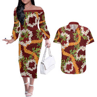 Aloha Festive Hawaii Couples Matching Off The Shoulder Long Sleeve Dress and Hawaiian Shirt Mokihana - Maile and Ilima on Crimson LT7 Crimson - Polynesian Pride
