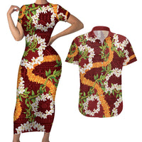 Aloha Festive Hawaii Couples Matching Short Sleeve Bodycon Dress and Hawaiian Shirt Mokihana - Maile and Ilima on Crimson LT7 Crimson - Polynesian Pride