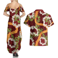 Aloha Festive Hawaii Couples Matching Summer Maxi Dress and Hawaiian Shirt Mokihana - Maile and Ilima on Crimson LT7 - Polynesian Pride