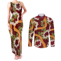 Aloha Festive Hawaii Couples Matching Tank Maxi Dress and Long Sleeve Button Shirt Mokihana - Maile and Ilima on Crimson LT7 Crimson - Polynesian Pride