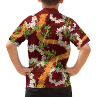 Aloha Festive Hawaii Family Matching Off The Shoulder Long Sleeve Dress and Hawaiian Shirt Mokihana - Maile and Ilima on Crimson LT7 - Polynesian Pride