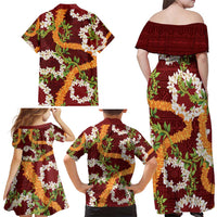 Aloha Festive Hawaii Family Matching Off Shoulder Maxi Dress and Hawaiian Shirt Mokihana - Maile and Ilima on Crimson LT7 - Polynesian Pride