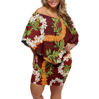 Aloha Festive Hawaii Family Matching Off Shoulder Short Dress and Hawaiian Shirt Mokihana - Maile and Ilima on Crimson LT7 Mom's Dress Crimson - Polynesian Pride