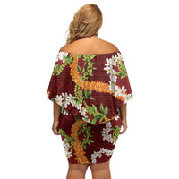 Aloha Festive Hawaii Family Matching Off Shoulder Short Dress and Hawaiian Shirt Mokihana - Maile and Ilima on Crimson LT7 - Polynesian Pride