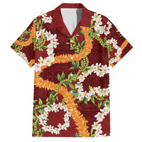 Aloha Festive Hawaii Family Matching Summer Maxi Dress and Hawaiian Shirt Mokihana - Maile and Ilima on Crimson LT7 Dad's Shirt - Short Sleeve Crimson - Polynesian Pride