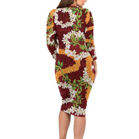 Aloha Festive Hawaii Long Sleeve Bodycon Dress Mokihana - Maile and Ilima on Crimson LT7 - Polynesian Pride