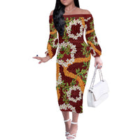 Aloha Festive Hawaii Off The Shoulder Long Sleeve Dress Mokihana - Maile and Ilima on Crimson LT7 Women Crimson - Polynesian Pride