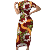 Aloha Festive Hawaii Short Sleeve Bodycon Dress Mokihana - Maile and Ilima on Crimson LT7 Long Dress Crimson - Polynesian Pride