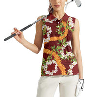 Aloha Festive Hawaii Women Sleeveless Polo Shirt Mokihana - Maile and Ilima on Crimson LT7 - Polynesian Pride