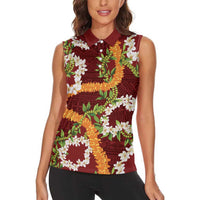 Aloha Festive Hawaii Women Sleeveless Polo Shirt Mokihana - Maile and Ilima on Crimson LT7 - Polynesian Pride