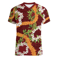 Aloha Festive Hawaii Women V-Neck T-Shirt Mokihana - Maile and Ilima on Crimson LT7 Female Crimson - Polynesian Pride
