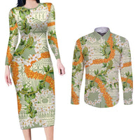 Aloha Festive Hawaii Couples Matching Long Sleeve Bodycon Dress and Long Sleeve Button Shirt Mokihana - Maile Leis in Muted Summer LT7 Sage Green - Polynesian Pride
