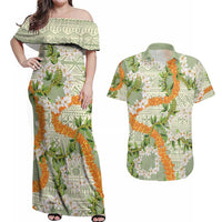 Aloha Festive Hawaii Couples Matching Off Shoulder Maxi Dress and Hawaiian Shirt Mokihana - Maile Leis in Muted Summer LT7 Sage Green - Polynesian Pride