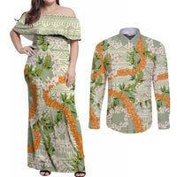 Aloha Festive Hawaii Couples Matching Off Shoulder Maxi Dress and Long Sleeve Button Shirt Mokihana - Maile Leis in Muted Summer LT7 Sage Green - Polynesian Pride