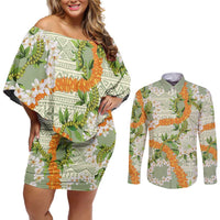Aloha Festive Hawaii Couples Matching Off Shoulder Short Dress and Long Sleeve Button Shirt Mokihana - Maile Leis in Muted Summer LT7 Sage Green - Polynesian Pride