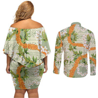 Aloha Festive Hawaii Couples Matching Off Shoulder Short Dress and Long Sleeve Button Shirt Mokihana - Maile Leis in Muted Summer LT7 - Polynesian Pride
