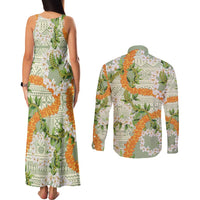 Aloha Festive Hawaii Couples Matching Tank Maxi Dress and Long Sleeve Button Shirt Mokihana - Maile Leis in Muted Summer LT7 - Polynesian Pride