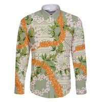 Aloha Festive Hawaii Family Matching Off Shoulder Maxi Dress and Hawaiian Shirt Mokihana - Maile Leis in Muted Summer LT7 Dad's Shirt - Long Sleeve Sage Green - Polynesian Pride