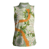 Aloha Festive Hawaii Women Sleeveless Polo Shirt Mokihana - Maile Leis in Muted Summer LT7 Female Sage Green - Polynesian Pride
