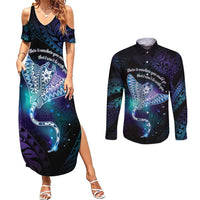 Polynesian Tala Manta Ray Couples Matching Summer Maxi Dress and Long Sleeve Button Shirt Nowhere You Could Go That I Won't Be With You LT7 Purple Teal - Polynesian Pride