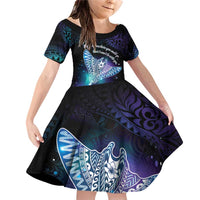 Polynesian Tala Manta Ray Family Matching Off Shoulder Short Dress and Hawaiian Shirt Nowhere You Could Go That I Won't Be With You LT7 Daughter's Dress Purple Teal - Polynesian Pride