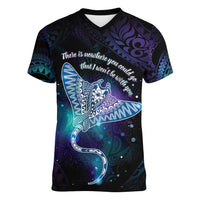 Polynesian Tala Manta Ray Women V-Neck T-Shirt Nowhere You Could Go That I Won't Be With You LT7 Female Purple Teal - Polynesian Pride