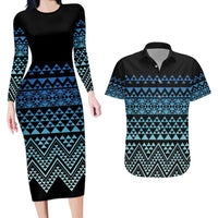 Maori Niho Taniwha Te Wheiao Couples Matching Long Sleeve Bodycon Dress and Hawaiian Shirt Moana Blue LT7 Blue - Polynesian Pride