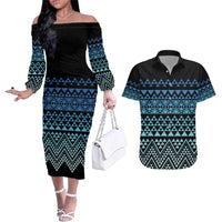 Maori Niho Taniwha Te Wheiao Couples Matching Off The Shoulder Long Sleeve Dress and Hawaiian Shirt Moana Blue LT7 Blue - Polynesian Pride