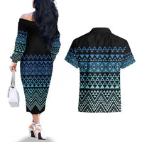 Maori Niho Taniwha Te Wheiao Couples Matching Off The Shoulder Long Sleeve Dress and Hawaiian Shirt Moana Blue LT7 - Polynesian Pride