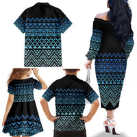 Maori Niho Taniwha Te Wheiao Family Matching Off The Shoulder Long Sleeve Dress and Hawaiian Shirt Moana Blue LT7 - Polynesian Pride