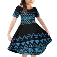 Maori Niho Taniwha Te Wheiao Family Matching Off Shoulder Short Dress and Hawaiian Shirt Moana Blue LT7 Daughter's Dress Blue - Polynesian Pride
