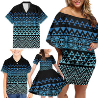 Maori Niho Taniwha Te Wheiao Family Matching Off Shoulder Short Dress and Hawaiian Shirt Moana Blue LT7 - Polynesian Pride