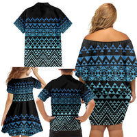 Maori Niho Taniwha Te Wheiao Family Matching Off Shoulder Short Dress and Hawaiian Shirt Moana Blue LT7 - Polynesian Pride