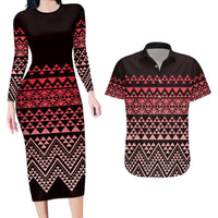Maori Niho Taniwha Te Wheiao Couples Matching Long Sleeve Bodycon Dress and Hawaiian Shirt Terracotta LT7 Terracotta - Polynesian Pride