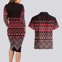 Maori Niho Taniwha Te Wheiao Couples Matching Long Sleeve Bodycon Dress and Hawaiian Shirt Terracotta LT7 - Polynesian Pride