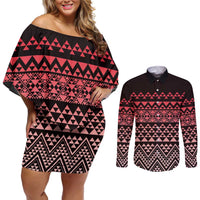 Maori Niho Taniwha Te Wheiao Couples Matching Off Shoulder Short Dress and Long Sleeve Button Shirt Terracotta - Polynesian Pride