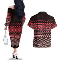 Maori Niho Taniwha Te Wheiao Couples Matching Off The Shoulder Long Sleeve Dress and Hawaiian Shirt Terracotta LT7 - Polynesian Pride
