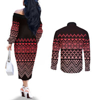 Maori Niho Taniwha Te Wheiao Couples Matching Off The Shoulder Long Sleeve Dress and Long Sleeve Button Shirt Terracotta LT7 - Polynesian Pride